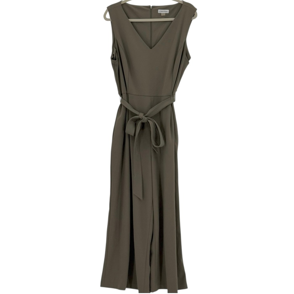Calvin Klein Olive Green Sleeveless Jumpsuit with Tie Waist